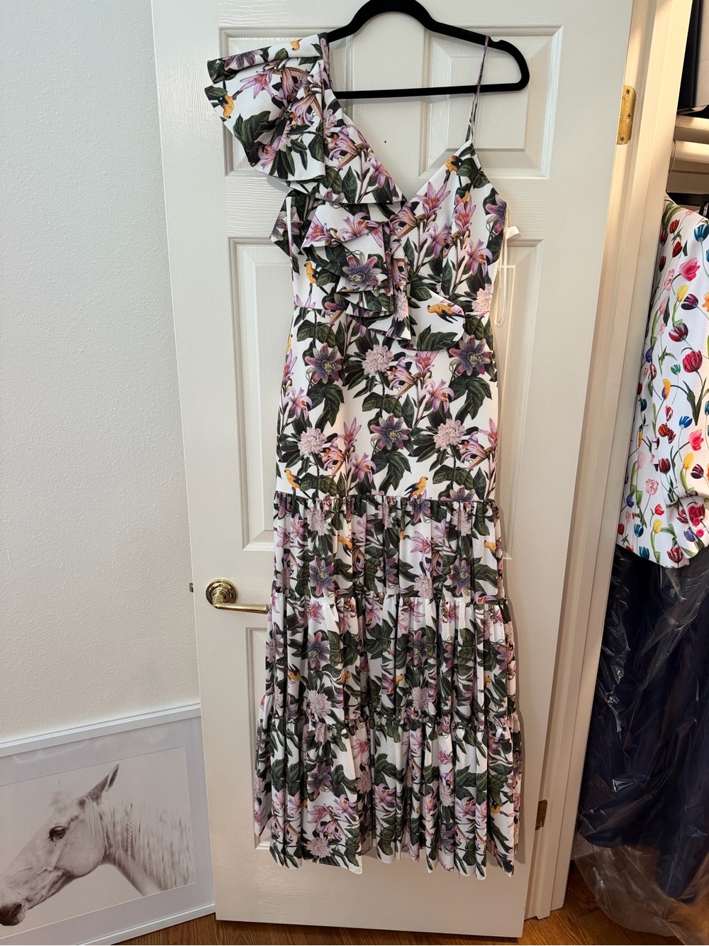 Floral One-Shoulder Maxi Dress - White with Pink & Green - Picture 6 of 6